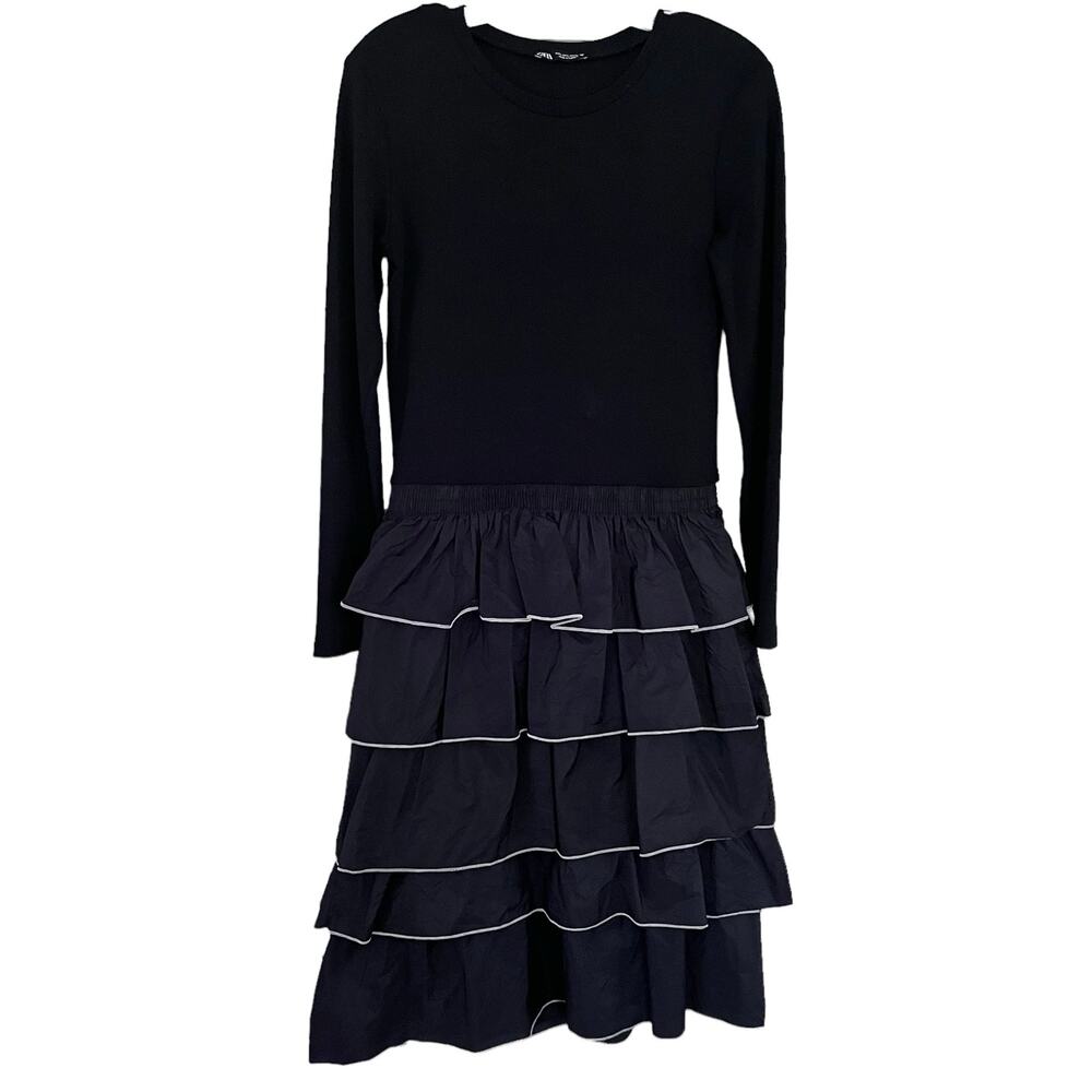 Zara Black Ruffle Tiered Long Sleeve Crewneck Midi Dress size L